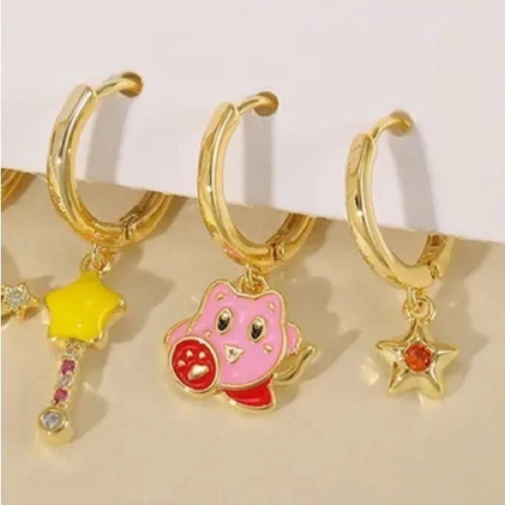 14K Gold Kirby Theme Huggie Hoop Dangle Mismatched Asymmetrical Earrings Set